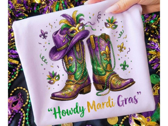 Howdy Mardi Gras Cowboy Boots Tshirt Png